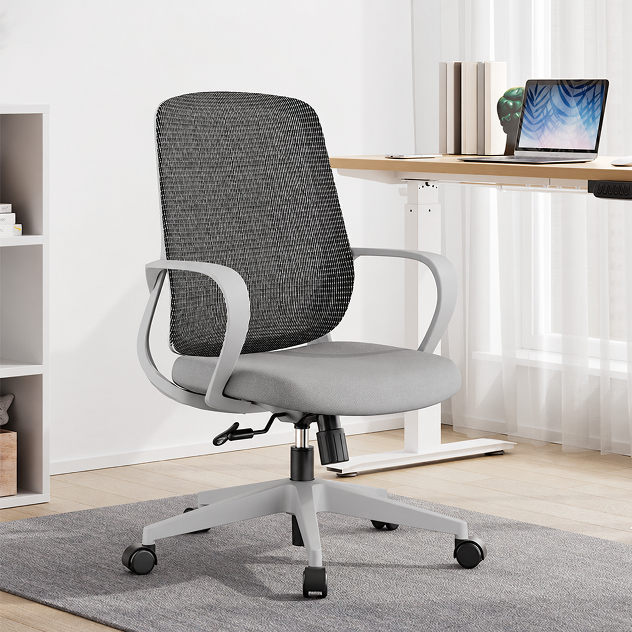 Mesh Swivel Chair Mid Back Task Chair Adjustable Height Office Chair with Fixed Armrests